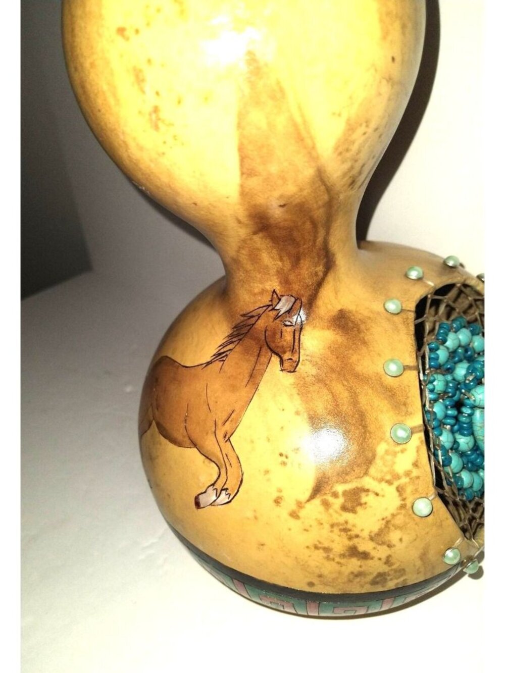 Southwest Western Gourd Art Galloping Horse Painted Turquoise Bead Dream Catcher - Picture 6 of 10